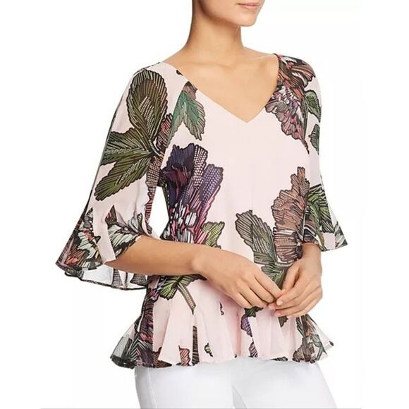 Badgley Mischka Floral Tie-Back 3/4 Sleeve Flutter Top in Dusty Rose Pink - Picture 2 of 15